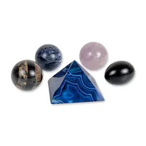 5pc Brazilian Blue Agate Pyramid Amethyst Sodalite Obsidian Polished Stone Specimen Collection