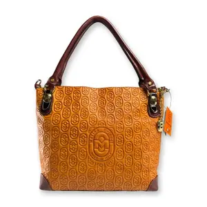 Marino Orlandi Italy Mustard Leather Embossed Logo Satchel