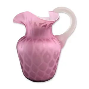 Victorian Pink Satin Mother of Pearl Glass Pitcher w/ Ruffled Trefoil Rim