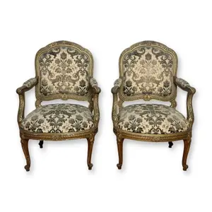 Pair of French Louis XV Style Giltwood Armchairs, 19th Century