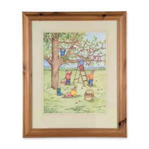 Denise Andrews 1994 Framed Original Watercolor Bunnykins Painting, Picking Apples