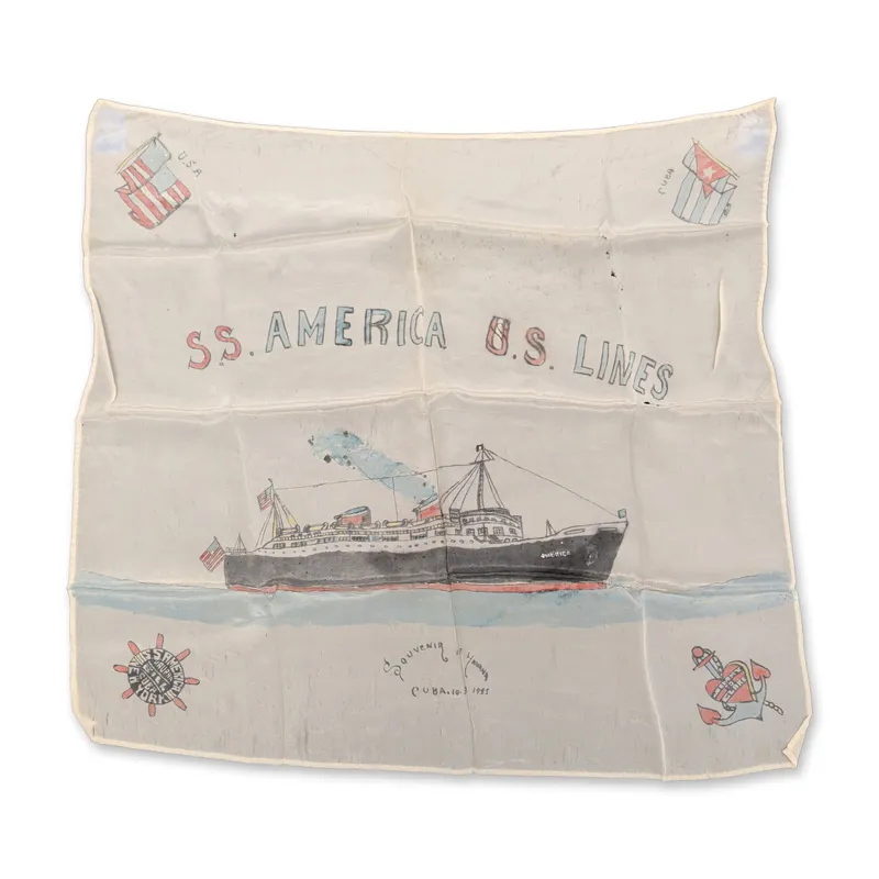 Hand-Painted Silk S.S. America Passenger Souvenir of Havana Cuba 1941 Handkerchief from auction in Hollywood, Florida — image 10