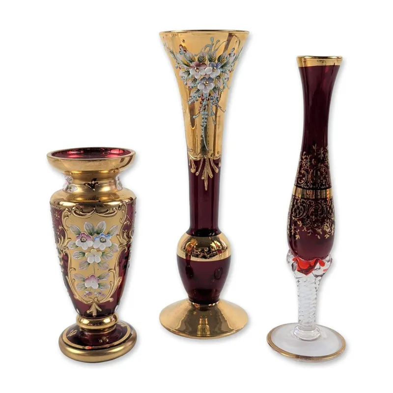 Three Bohemian Cranberry Glass and Gold Vases from auction in Hollywood, Florida — image 26