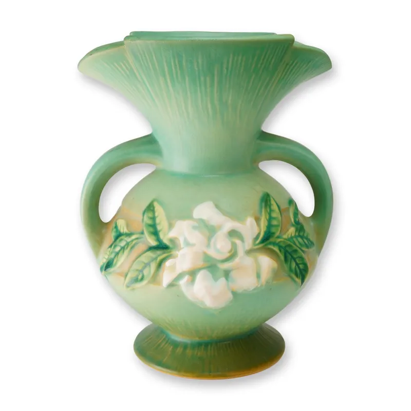Roseville Pottery Green Double Handled Vase, Gardenia from auction in Hollywood, Florida — image 30