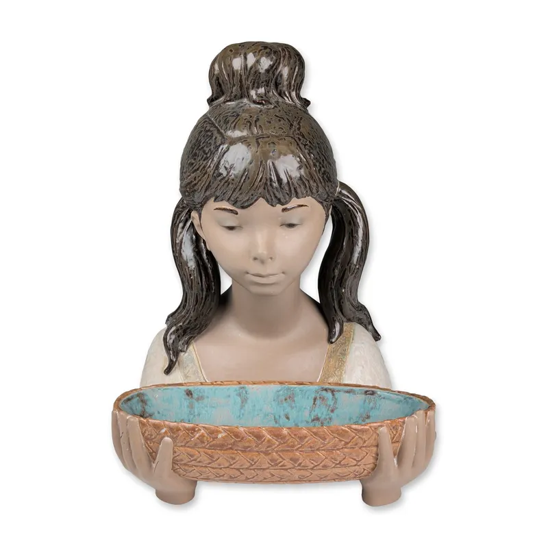 2pc Lladro Gres Porcelain Bust Sculpture, Gardener Girl with Basket 01012017 from auction in Hollywood, Florida — image 3