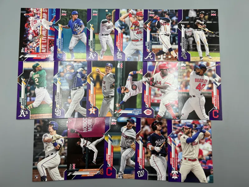 (17) 2020 Topps UK Edition Baseball Purple Parallels #/50 W/ Stars - All Numbered #/50 from auction in Greenville, Ohio — image 35