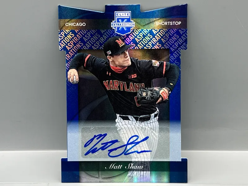 2023 Panini Elite Extra Edition Matt Shaw Blue Die Cut Prospect/RC Auto #/94 from auction in Greenville, Ohio — image 31