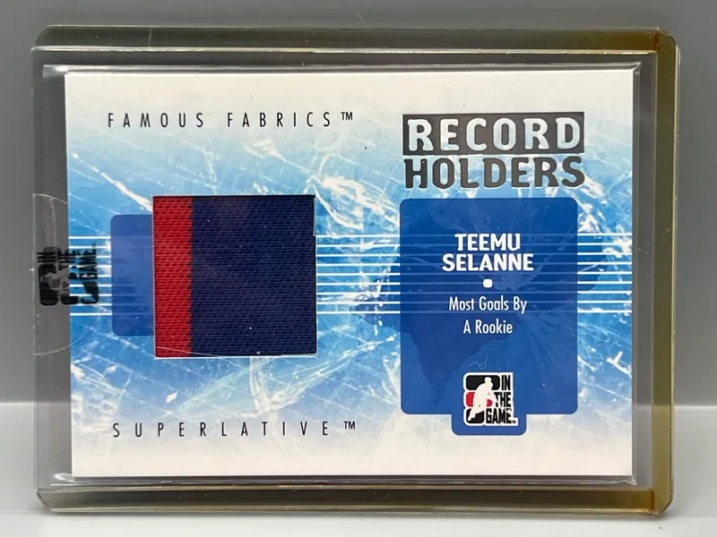 2008 In The Game Hockey Teemu Selanne Silver Record Holders Famous Fabrics Jumbo Game Used Jersey Relic #/9 - Sealed In Toploader from auction in Greenville, Ohio — image 8