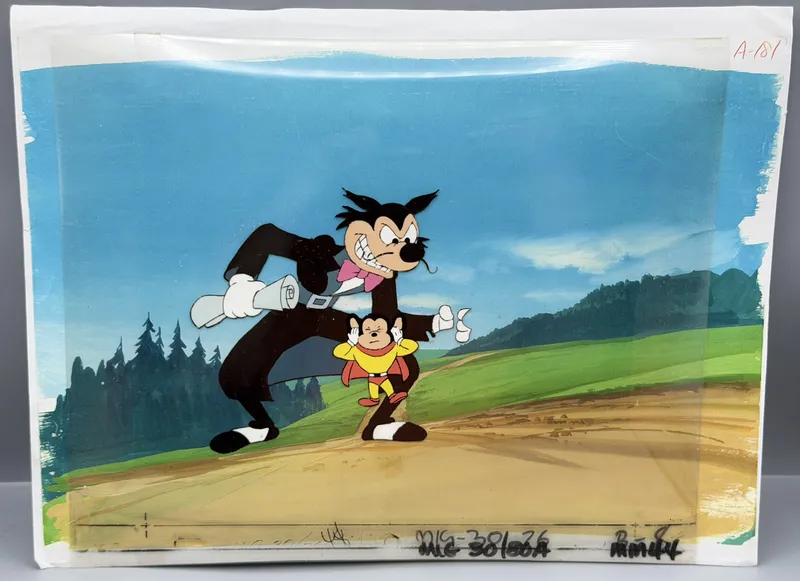 1979-80 Filmation Mighty Mouse & Oil Can Harry Original Hand-Painted Animation Cel Composite Setup - the background picture is a non-original photocopy - Rare from auction in Greenville, Ohio — image 9