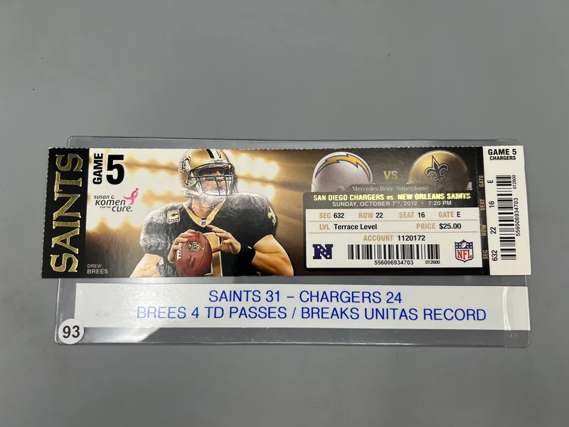 October 7th, 2012 New Orleans Saints Vs. San Diego Chargers Ticket  - Drew Brees Breaks Unitas's Game TD Streak from auction in Greenville, Ohio — image 40
