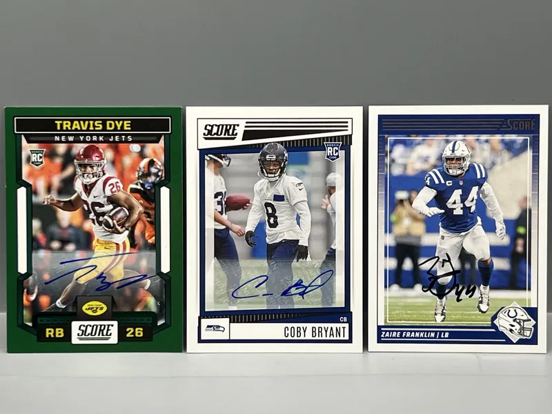 2022 Score Coby Bryant RC Auto, 2023 Score Travis Dye Green RC Auto, & 2024 Score Zaire Franklin In Person Auto - No COA On Franklin from auction in Greenville, Ohio — image 19