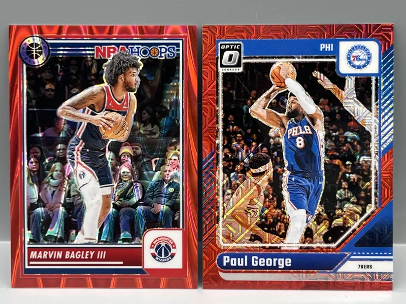 2023-24 Panini Hoops Premium Stock Marvin Bagley Red #/199 & 2024-25 Panini Donruss Optic Paul George Red #/88 from auction in Greenville, Ohio — image 39
