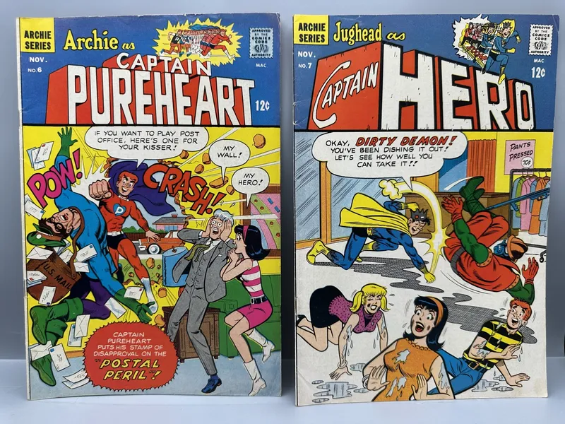 Archie Comics Archie as Captain Pureheart #6 and Jughead as Captain Hero #7 (1967) - Silver Age superhero parodies from auction in Greenville, Ohio — image 27