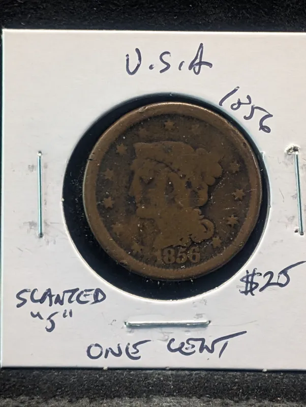 1856 Braided Hair Large Cent - Slanted 5 Variety! from auction in Greenville, Ohio — image 3