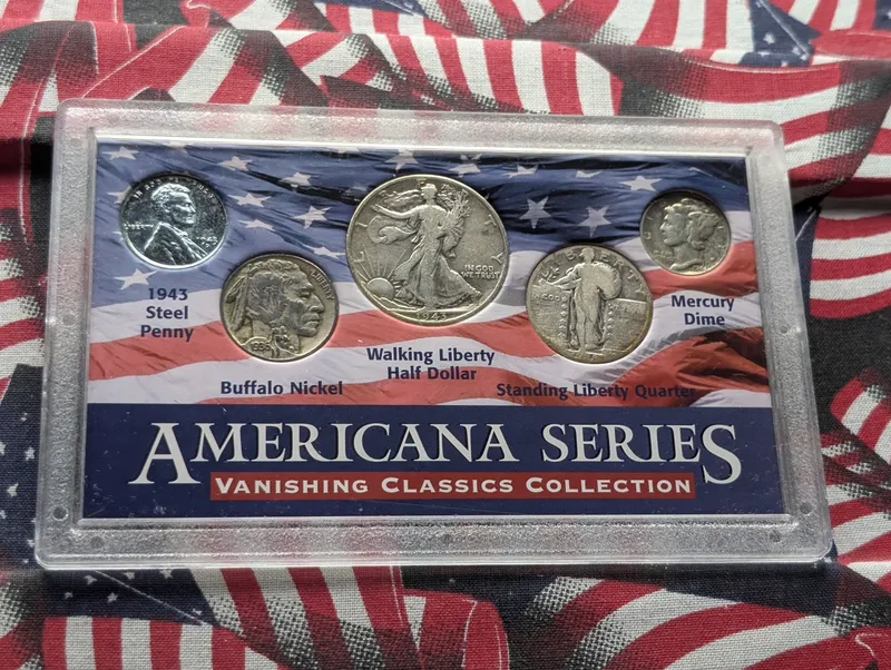1943-D Walking Liberty Half Dollar, 1928 Seated Liberty Quarter, 1944 Mercury Dime, 1943-D Lincoln Steel Wheat Cent, & 1936 Buffalo Nickel In Americana Series Vanishing Classics Collection Display - (3) 90% Silver Coins from auction in Greenville, Ohio — image 10