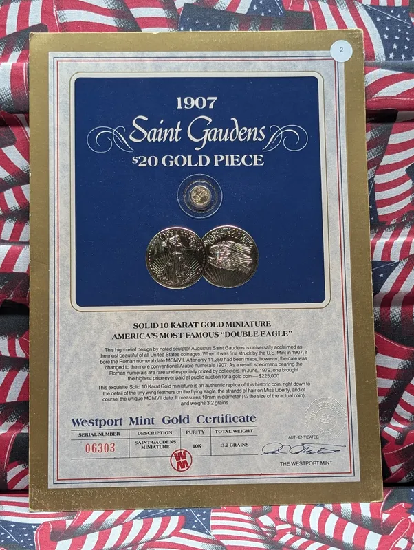 1907 Saint Gaudens $20 Gold Piece Miniature, 10K Gold - With Westport Mint Certificate from auction in Greenville, Ohio — image 3