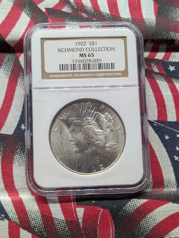 1922 Peace Dollar, 90% Silver NGC MS 65 Richmond Collection from auction in Greenville, Ohio — image 2