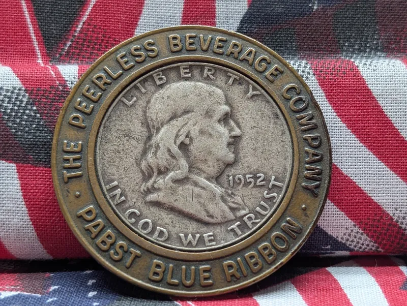 1952-S Franklin Half Dollar, 90% Silver, Encased in Peerless Beverage Company Pabst Blue Ribbon Advertising Bezel from auction in Greenville, Ohio — image 18