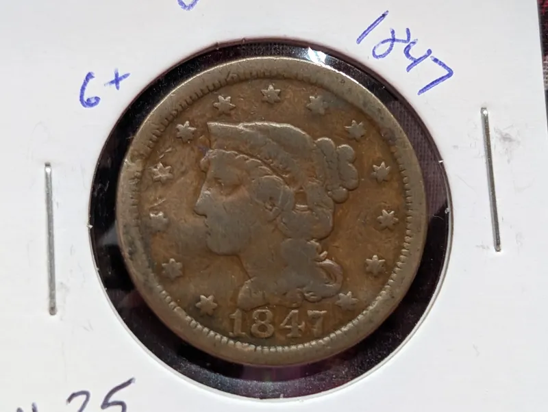 1847 US Braided Hair Large Cent from auction in Greenville, Ohio — image 4