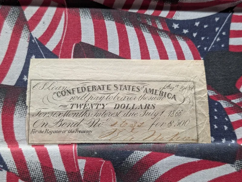 1861 Confederate States of America $20.00 Bond Interest Coupon - Due July 1, 1866 from auction in Greenville, Ohio — image 21