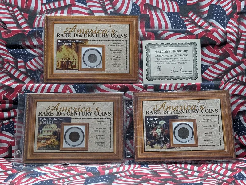 (3) US 19th Century Coins, 1858 Flying Eagle Cent, 1899 Liberty Head "V" Nickel, and 1897 Barber Dime, 90% Silver - In Morgan Mint Frames with COA from auction in Greenville, Ohio — image 35