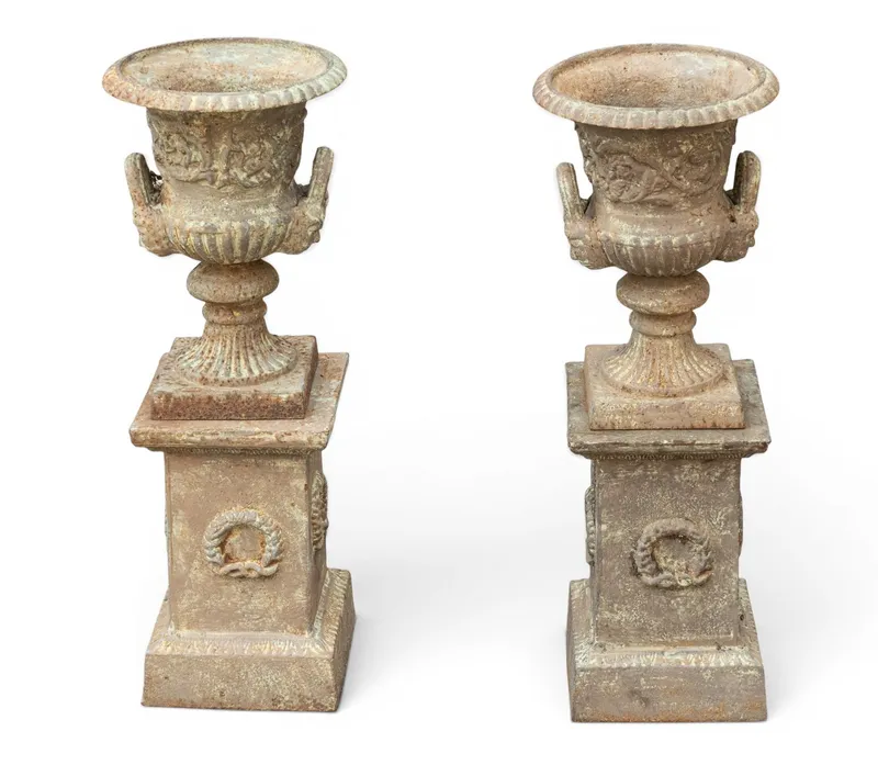 Pair of Cast Iron Urns on Bases from auction in York, Pennsylvania — image 5