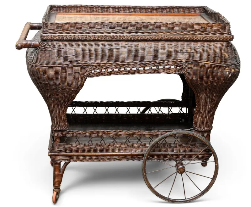 Early Wicker Serving Cart w/ Tapestry Accent from auction in York, Pennsylvania — image 22