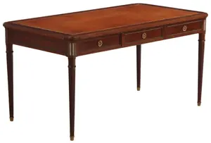 59" French Mahogany Bronze Mounted Writing Desk in the Louis Xvi Style Having an Embossed Leather