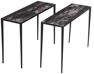 Pair Iron Console Tables Having Inset Italian Nero Porto Marble Tops