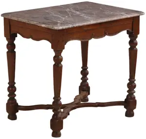 EIGHTEENTH CENTURY FRENCH OAK AND MARBLE TOP TABLE HAVING TURNED LEGS AND A SHAPED STRETCHER.