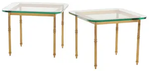 PAIR ITALIAN BRASS END TABLES HAVING THICK GLASS TOPS C 1965.