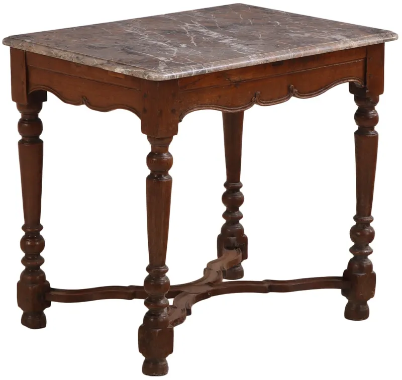 EIGHTEENTH CENTURY FRENCH OAK AND MARBLE TOP TABLE HAVING TURNED LEGS AND A SHAPED STRETCHER. from auction in Philadelphia, Pennsylvania — image 11