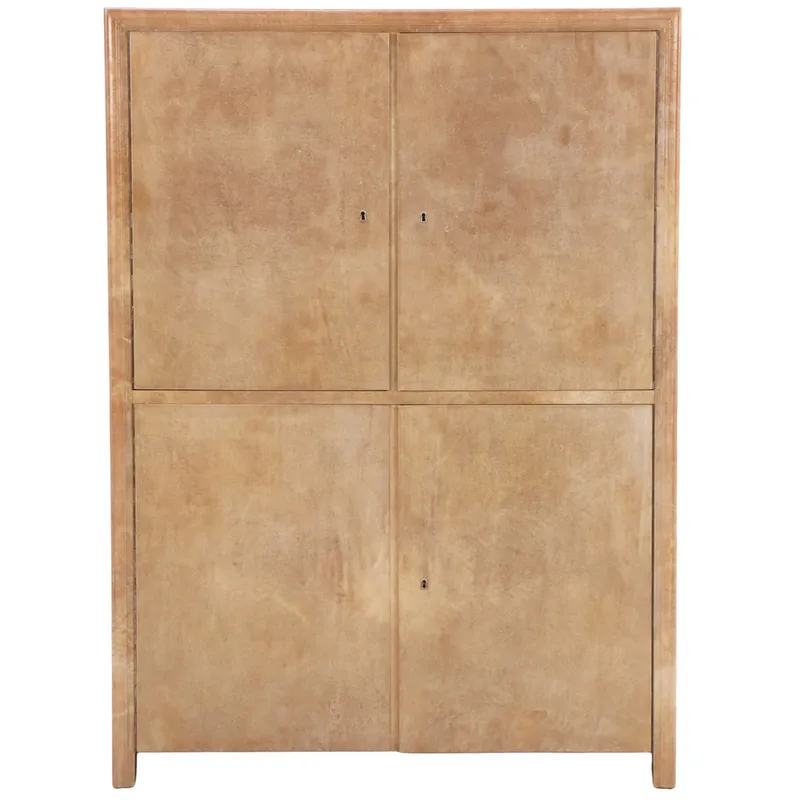 FOUR DOOR PARCHMENT COVERED CABINET HAVING INTERIOR DRAWERS AND SHELVES C 1955. from auction in Philadelphia, Pennsylvania — image 3