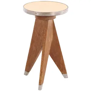 French Oak Stool in the Manner of Jean Prouve C 1950 Having Metal Trimmed Laminate Top and Metal