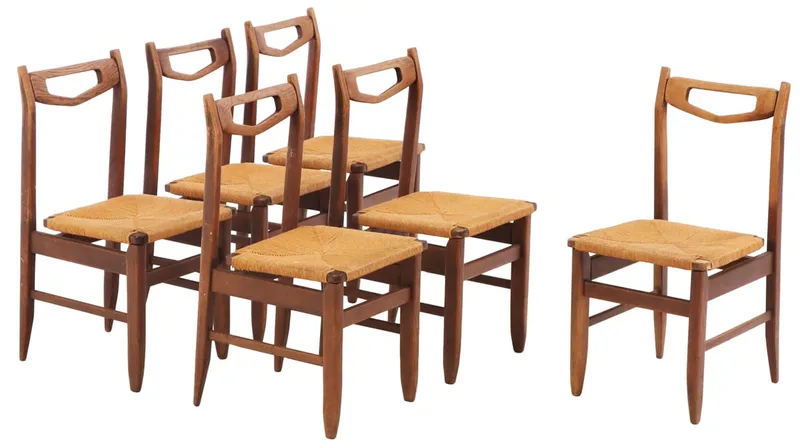 SIX FRENCH OAK AND RUSH DINING CHAIRS BY GUILLERME AND CHAMBRON C 1960. from auction in Philadelphia, Pennsylvania — image 11