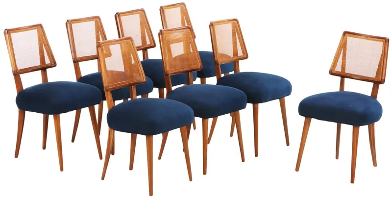 EIGHT MID CENTURY DINING CHAIRS HAVING NEWLY UPHOLSTERED SEATS AND CANTED CANE BACKS C 1950. from auction in Philadelphia, Pennsylvania — image 13