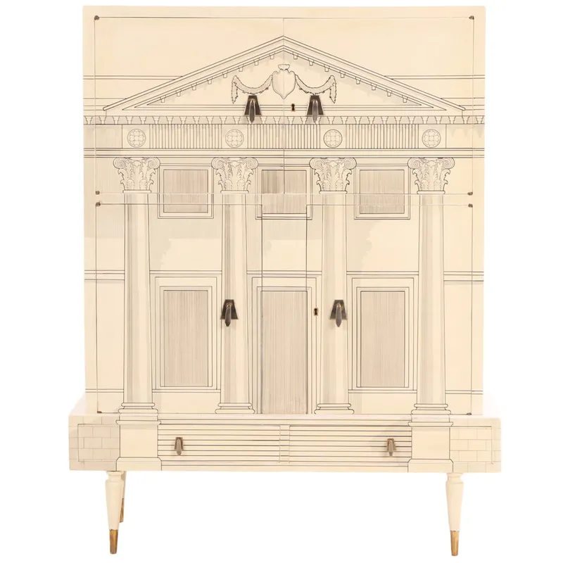 PAINT DECORATED FOUR DOOR BAR CABINET C 1960 HAVING ARCHITECTURAL RENDERINGS IN THE MANNER OF from auction in Philadelphia, Pennsylvania — image 32