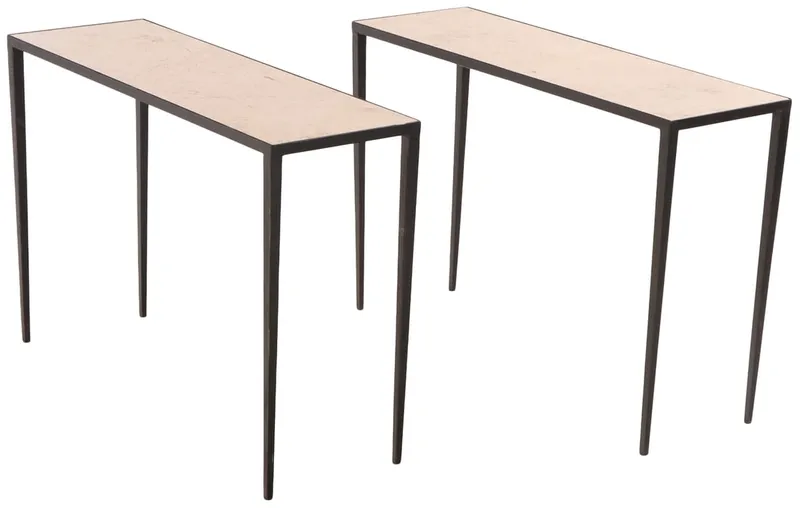 PAIR OF PAINTED IRON CONSOLE TABLES IN THE MANNER OF JEAN-MICHEL FRANK HAVING TRAVERTINE TOPS. from auction in Philadelphia, Pennsylvania — image 40