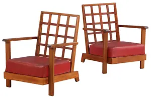 Pair of French Mahogany Open Arm Chairs by Rene Gabriel with Open Work Back and Having Original