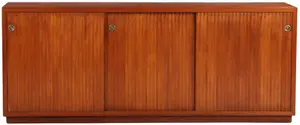 FIGURED WALNUT SIDEBOARD C 1950 HAVING THREE FAUX TAMBOUR SLIDING DOORS AND THE LEFT COMPARTMENT