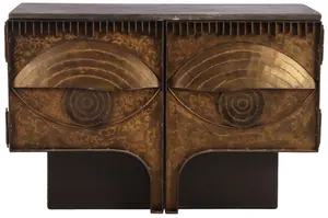 TWO DOOR PATINATED STEEL CABINET IN THE MANNER OF PAUL EVANS HAVING A SLATE TOP.
