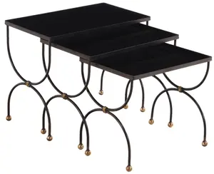 NEST OF THREE IRON, BRASS AND BLACK GLASS TABLES IN THE MANNER OF JEAN ROYERE C 1950.