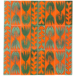 LOT OF SEVENTY-FOUR VINTAGE ITALIAN TILES HAVING GREEN AND ORANGE GLAZE, MARKED MADE IN ITALY C.