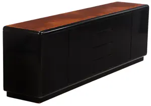 A PARTIAL EBONIZED AND BURLWOOD SIDEBOARD HAVING CENTRAL DRAWERS FLANKED BY DOORS C 1970.