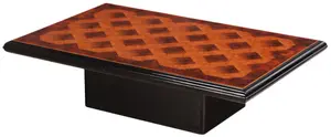 BIRDSEYE MAPLE AND BURL WALNUT COFFEE TABLE RESTING ON AN EBONIZED BASE C 1970.