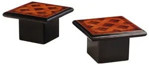PAIR OF BIRDSEYE MAPLE AND BURL WALNUT END TABLES RESTING ON AN EBONIZED BASE C 1970.