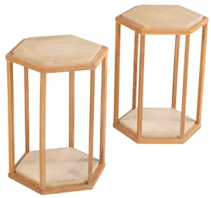 PAIR OF FRENCH SIX SIDED CERUSED OAK AND TRAVERTINE END TABLES C 1970.