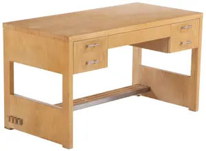 MID CENTURY MODERN DESK BY JAY SPECTRE. BLONDE WOOD AND CHROME METAL MOUNTS.
