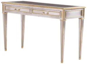 STAINLESS STEEL, BRASS AND LEATHER CONSOLE TABLE HAVING TWO DRAWERS IN THE MANNER OF JOHN VESEY.