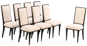 EIGHT EBONIZED FRENCH DINING CHAIRS IN THE MANNER OF ANDRE ARBUS C 1950 HAVING RECENT FABRIC.